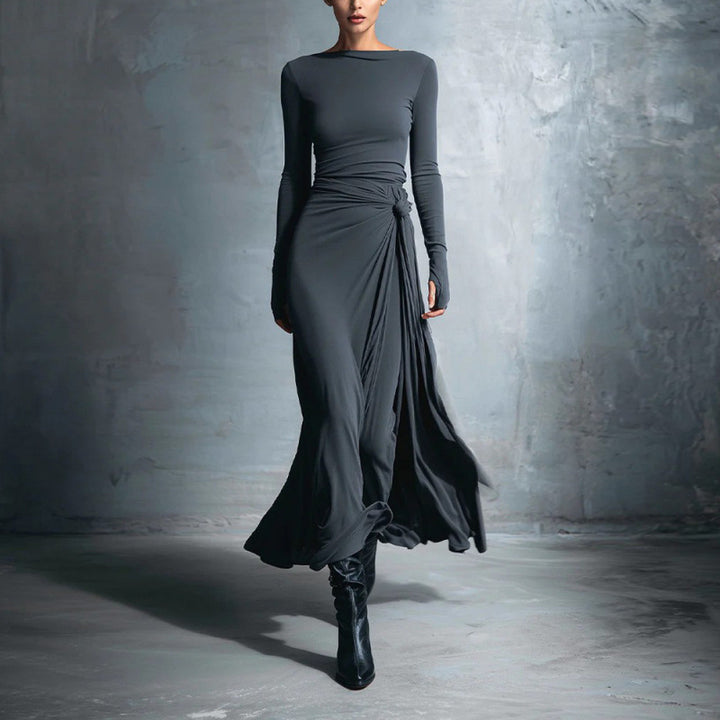 Damen elegantes Abendkleid mit langem Arm und Wickeldesign Drune