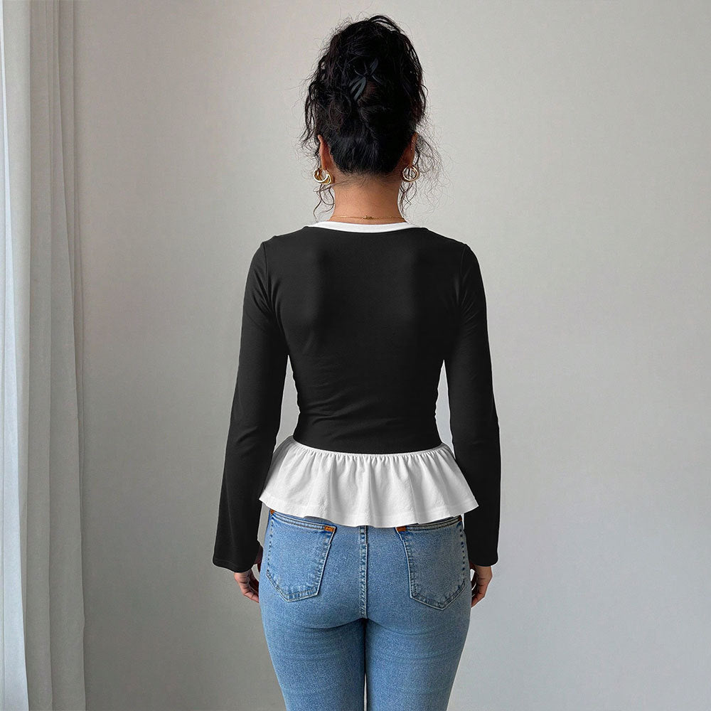 Damen Langarmshirt mit Rüschensaum und tiefem V-Ausschnitt Drune