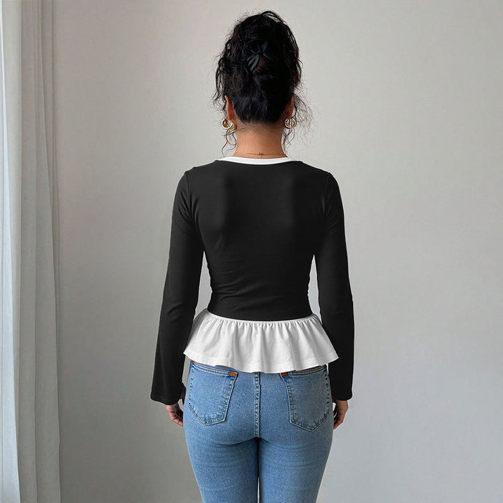 Damen Langarmshirt mit Rüschensaum und tiefem V-Ausschnitt Drune