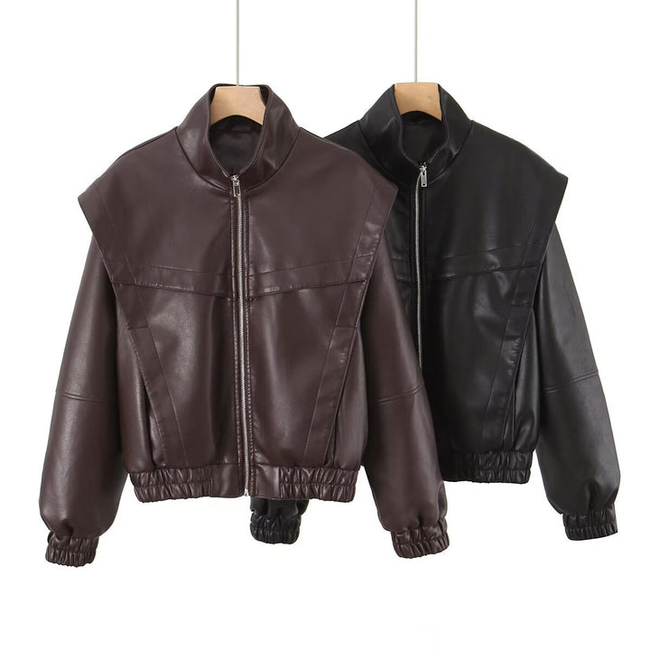 Damen elegante Kunstlederjacke mit hohem Kragen Drune