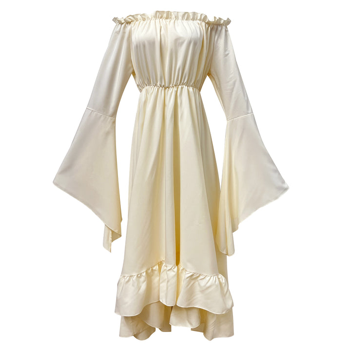 Damen nan schulterfreies Maxikleid mit Volantstufen und weiten Trompetenärmeln Drune