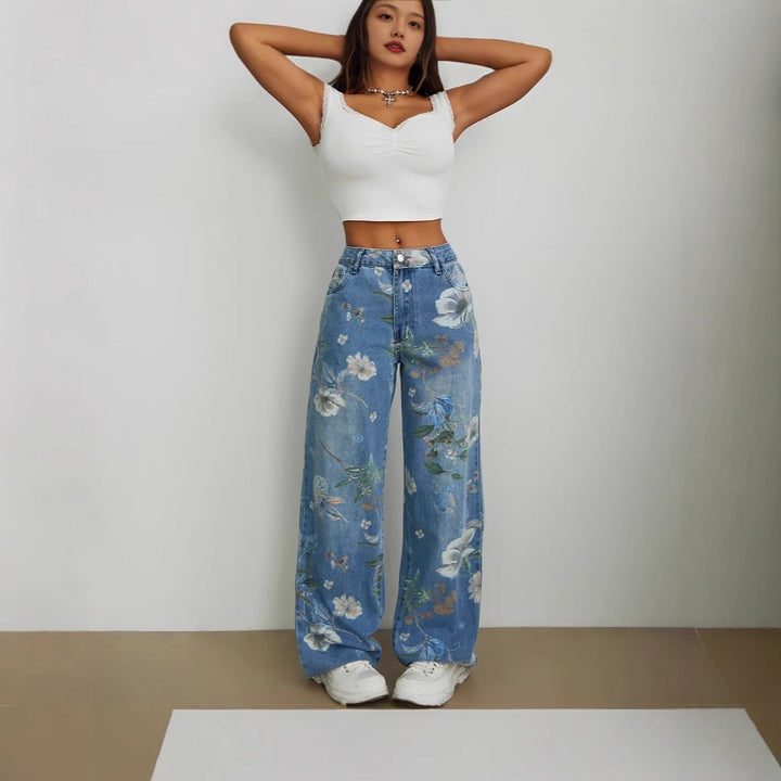 Damen weite Jeans mit floralem Design und hohem Taillenbund Drune