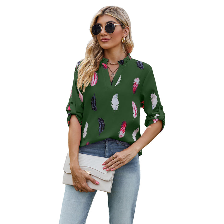 Damen Bluse mit eleganten Federmuster und halben Ärmeln Drune