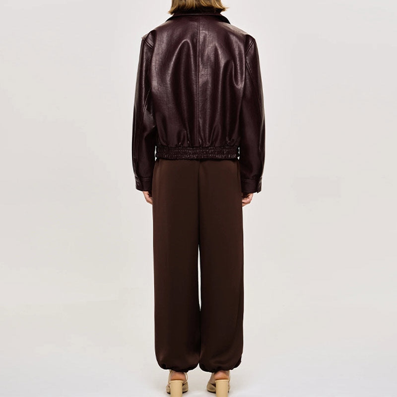 Damen Modische Kunstlederjacke mit elastischem Bund Drune