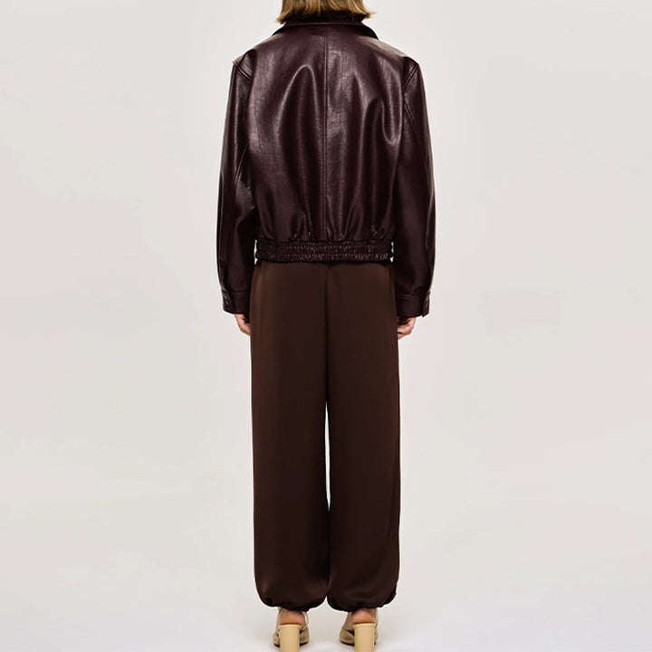 Damen Modische Kunstlederjacke mit elastischem Bund Drune