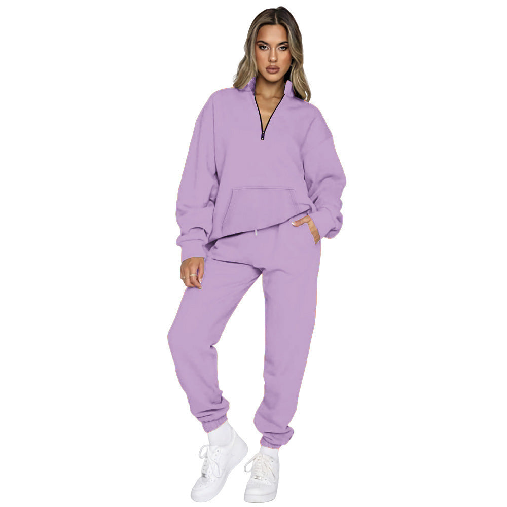 Damen nan French‑Terry Relax‑Loungewear‑Set mit halbem Reißverschluss, Kängurutasche und taillierter, schmal zulaufender Jogginghose Drune