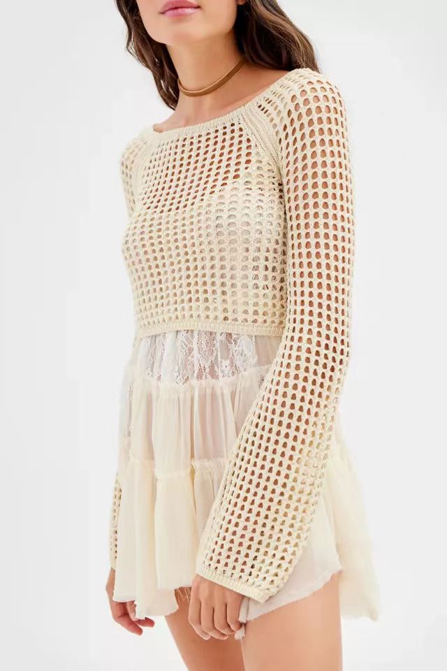 Damen gehäkeltes Crop-Top mit weiten Ärmeln und bunten Streifen Drune