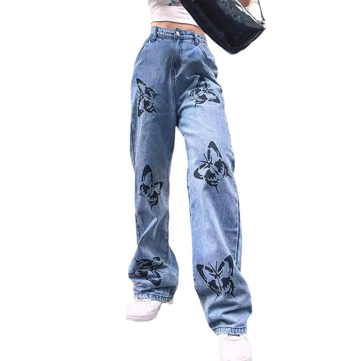 Damen weite Jeans mit auffälligem Schmetterlingsdruck Drune