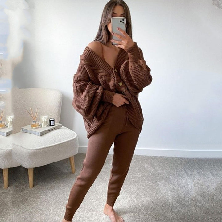 Damen Grobstrickjacke mit V-Ausschnitt und Knöpfen Drune