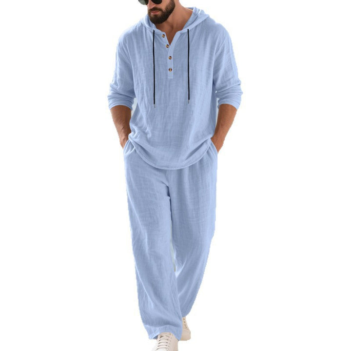Herren nan lässiges Leinenzweiteiler-Set mit Kapuzenhemd im Henley-Stil und weiten Freizeit-Hosen Drune