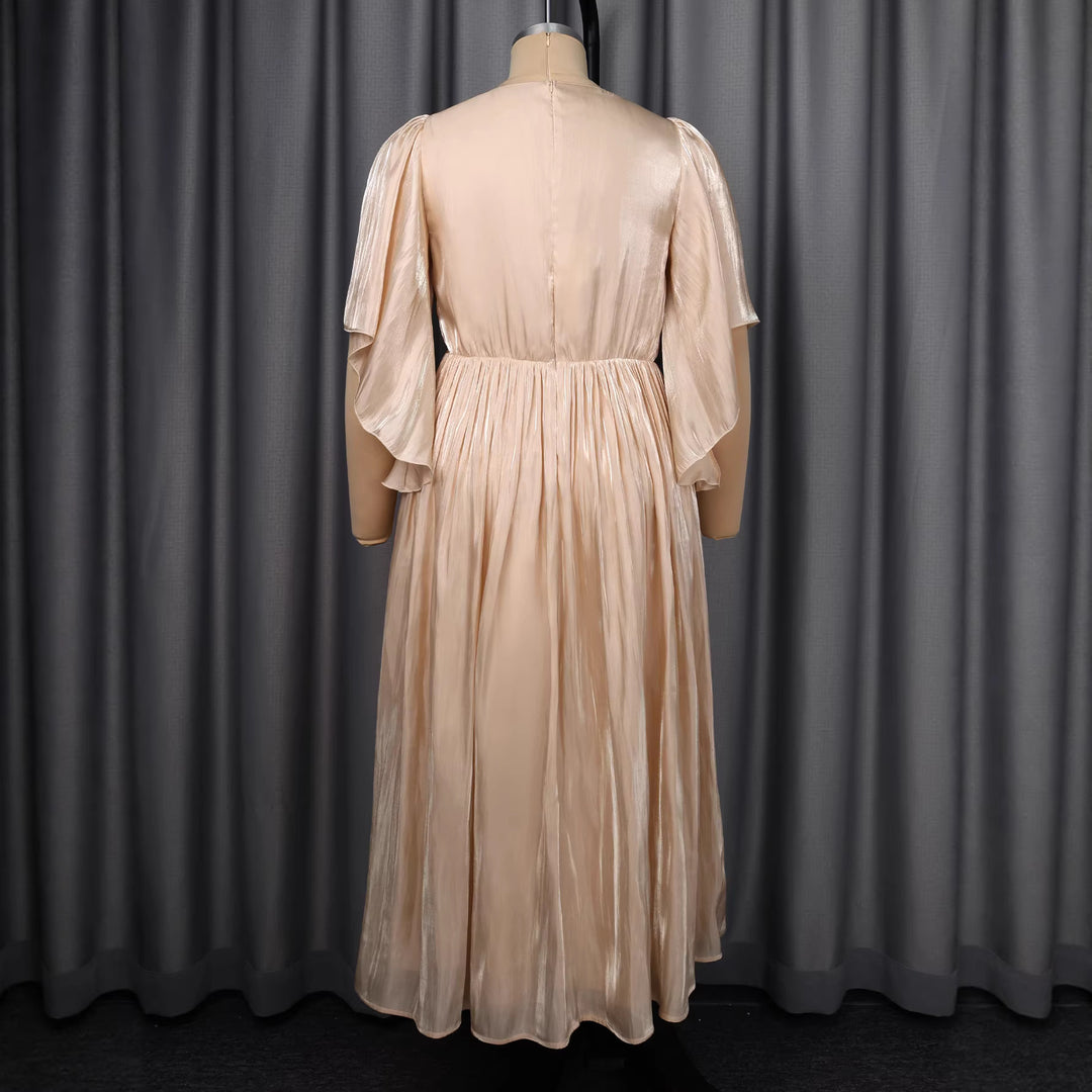 Damen Fließendes Maxi-Kleid mit eleganten Volantärmeln und Taillengürtel Drune
