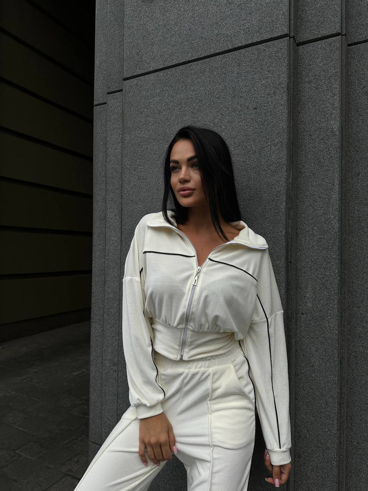 Damen trendiges und lässiges Fleece-Set mit hohem Kragen und elastischem Bund Drune
