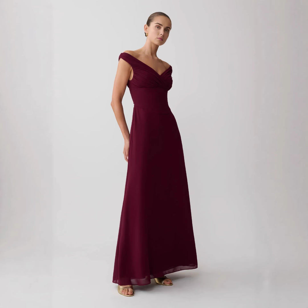 Damen Elegantes Off-Shoulder Maxikleid mit fließendem Schnitt Drune