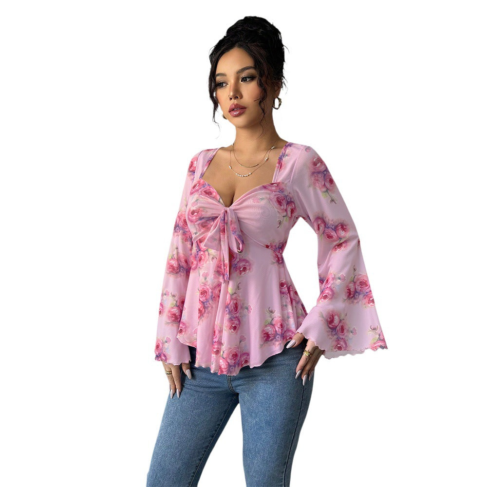 Damen fließendes Blusenshirt mit floralem Design und verspieltem Knoten Drune