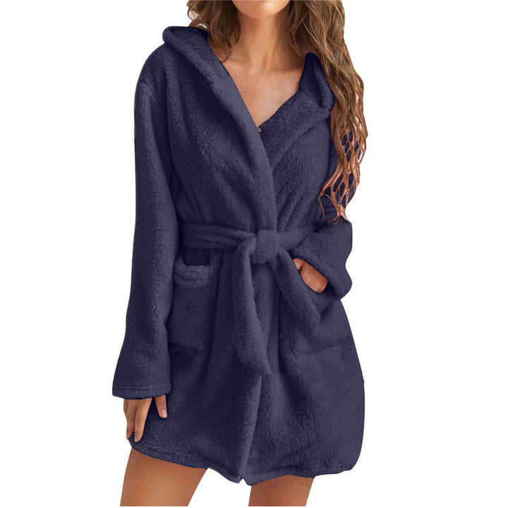 Damen Fleece Bademantel mit Kapuze und Gürtel Drune