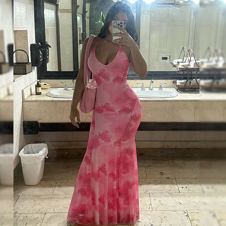 Damen Maxikleid mit tiefem V-Ausschnitt und floralen Akzenten Drune
