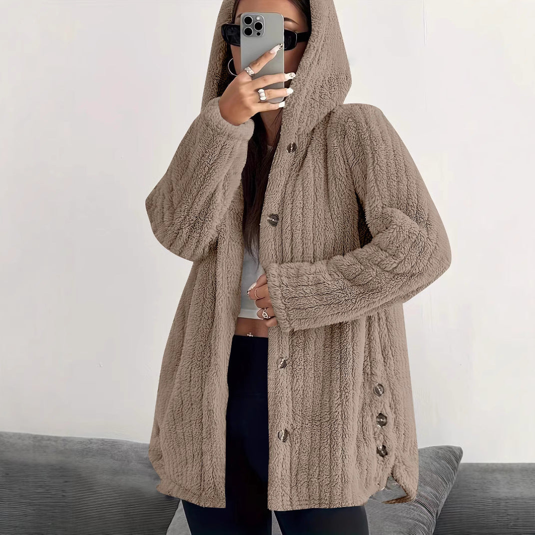 Damen kuschelige Fleecejacke mit Kapuze und Knopfverschluss Drune