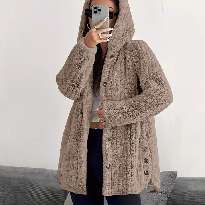 Damen kuschelige Fleecejacke mit Kapuze und Knopfverschluss Drune