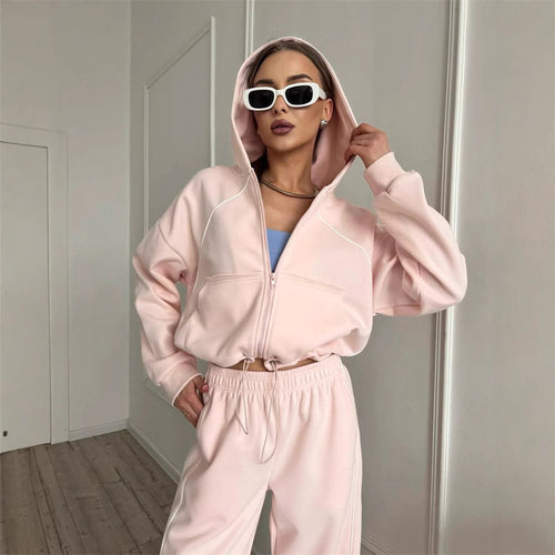 Damen sportlicher Kapuzenjacken- und Jogginghosen-Set mit modernem Design und praktischen Taschen Drune