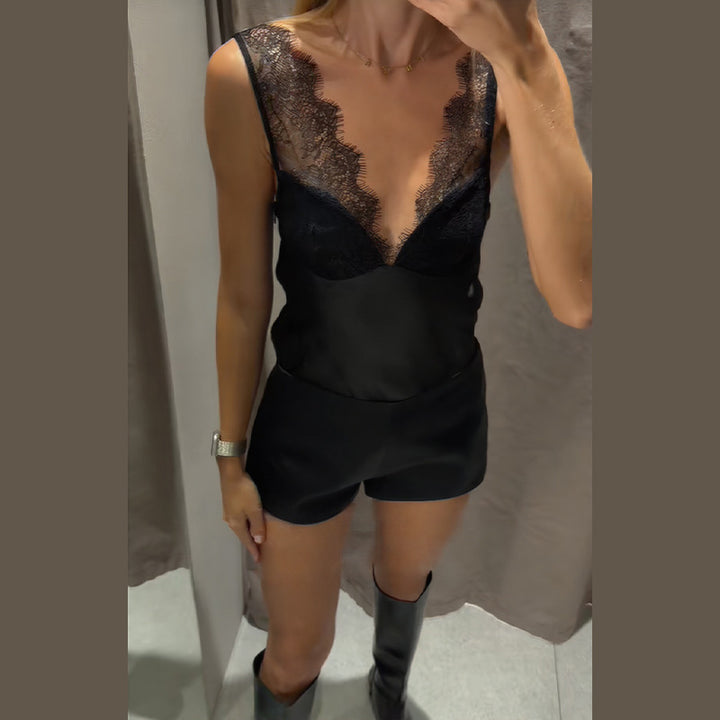 Damen Satin-Cami-Top mit feiner Spitze und verstellbaren Trägern Drune