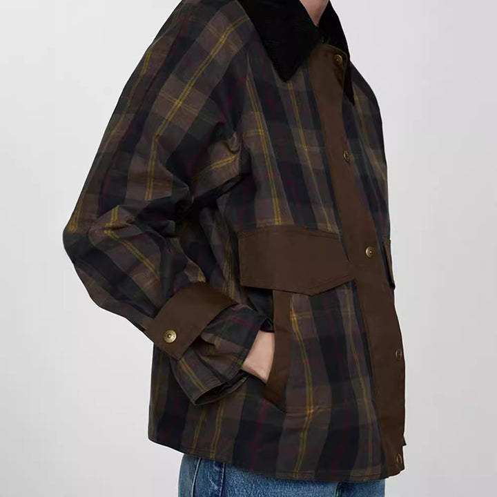 Damen Karierte Jacke mit weichem Cordkragen Drune