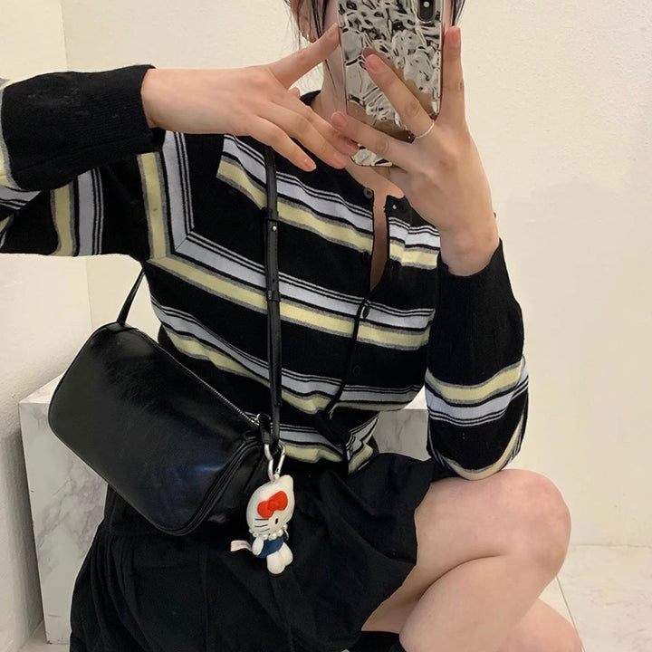 Damen sportliche Strickjacke mit modischem Streifenmuster und verspielten Knöpfen Drune