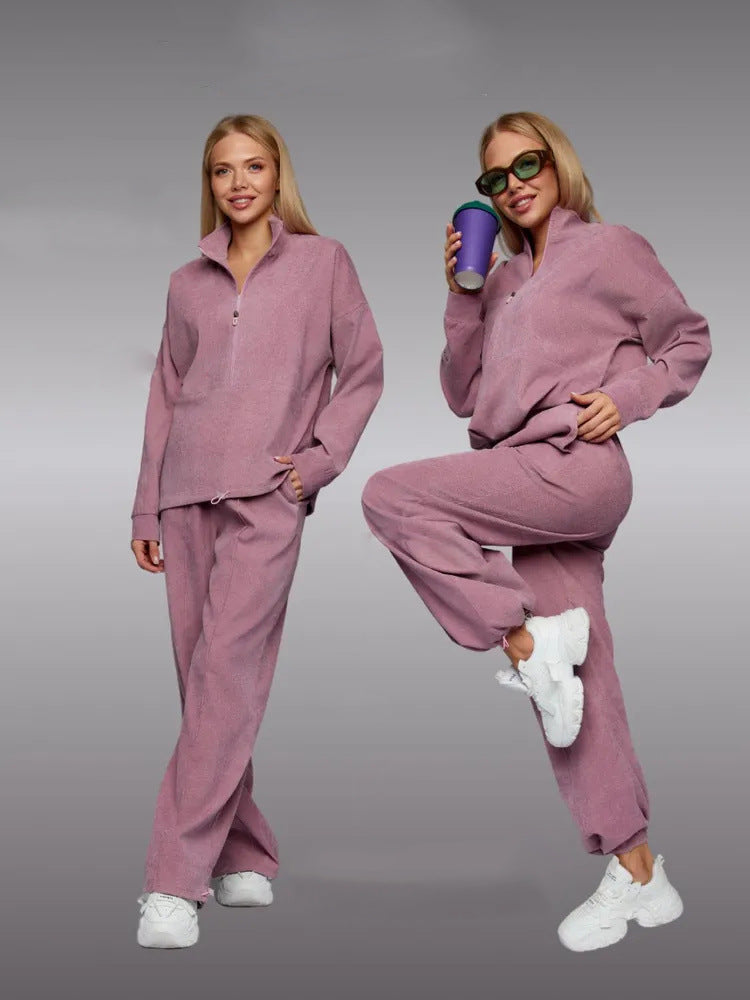 Damen sportliches Fleece-Set mit hohem Kragen und weitem Bein Drune