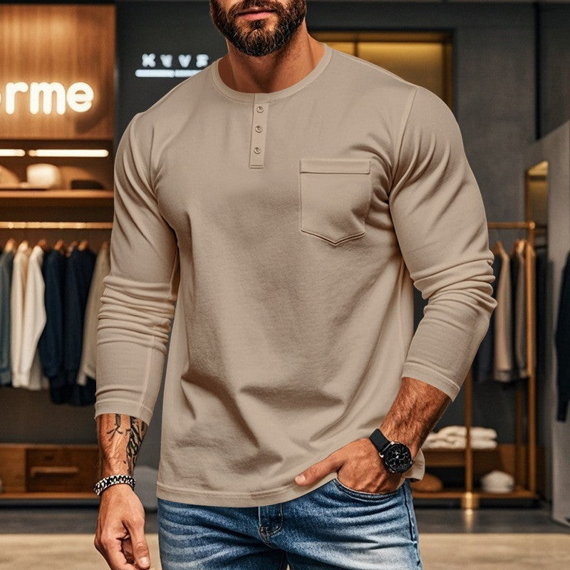 Herren nan figurbetontes Henley-Langarmshirt mit Brusttasche und feinem Stretchjersey Drune