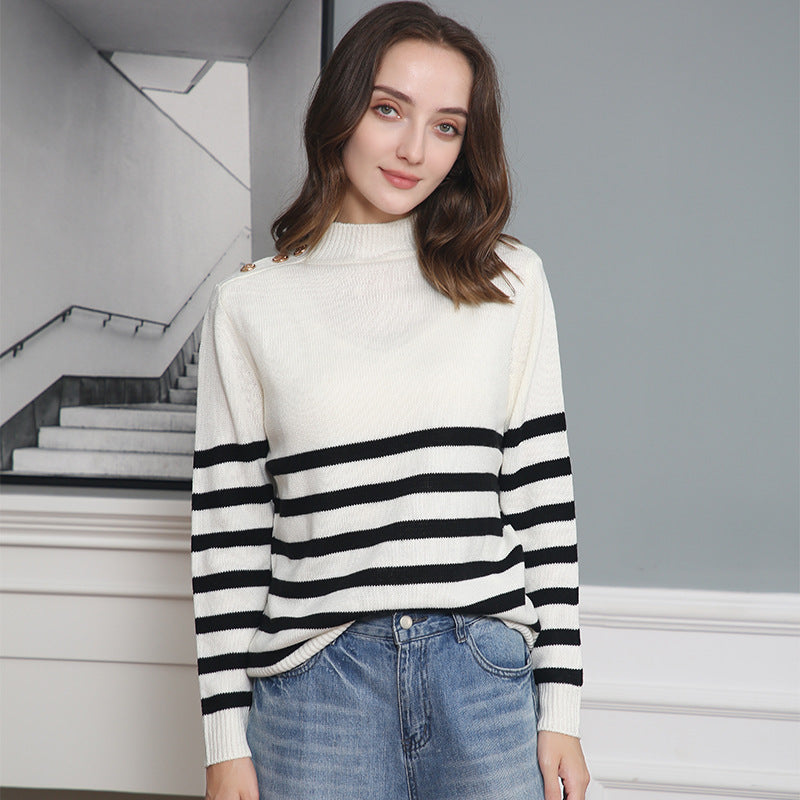 Damen modischer Strickpullover mit Streifenmuster und Knopfdetails Drune