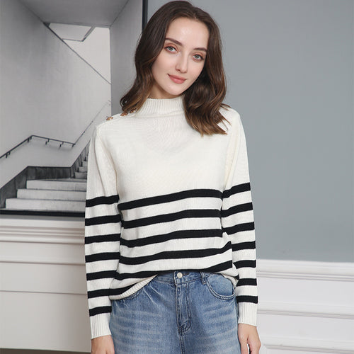 Damen modischer Strickpullover mit Streifenmuster und Knopfdetails Drune