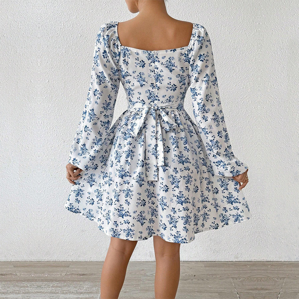 Damen luftiger Blumenkleid mit eleganter Raffung und langen Ärmeln Drune
