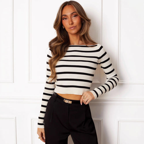 Damen Cropped Langarmshirt mit gestreiftem Muster und weichem Rippdesign Drune