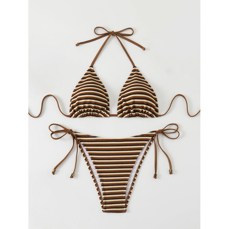 Damen Triangel-Bikini mit verstellbaren Bindebändern und verspieltem Streifenmuster Drune