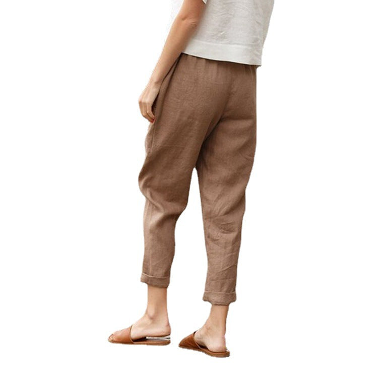 Damen nan leichte Leinenhose mit elastischem Bund, seitlichen Eingrifftaschen und gekrempeltem Saum Drune