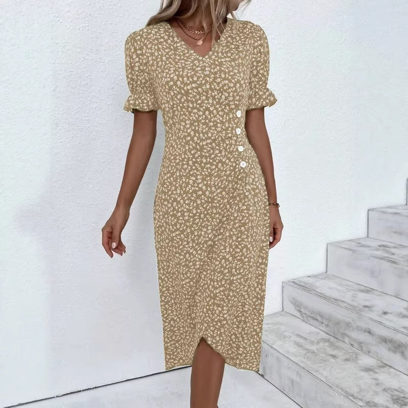 Damen Midikleid mit floralen Mustern und schmeichelndem V-Ausschnitt Drune