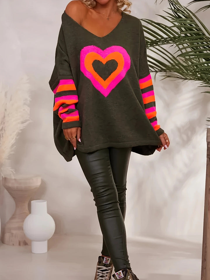 Damen Oversized Pullover mit Herzmotiv und bunten Streifen Drune
