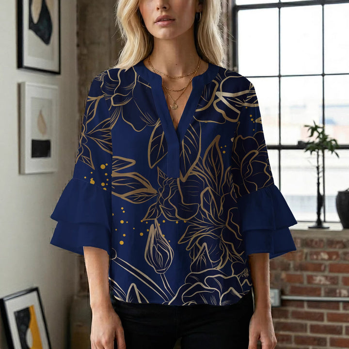 Damen Bluse mit voluminösen Rüschenärmeln und floralem Druck Drune