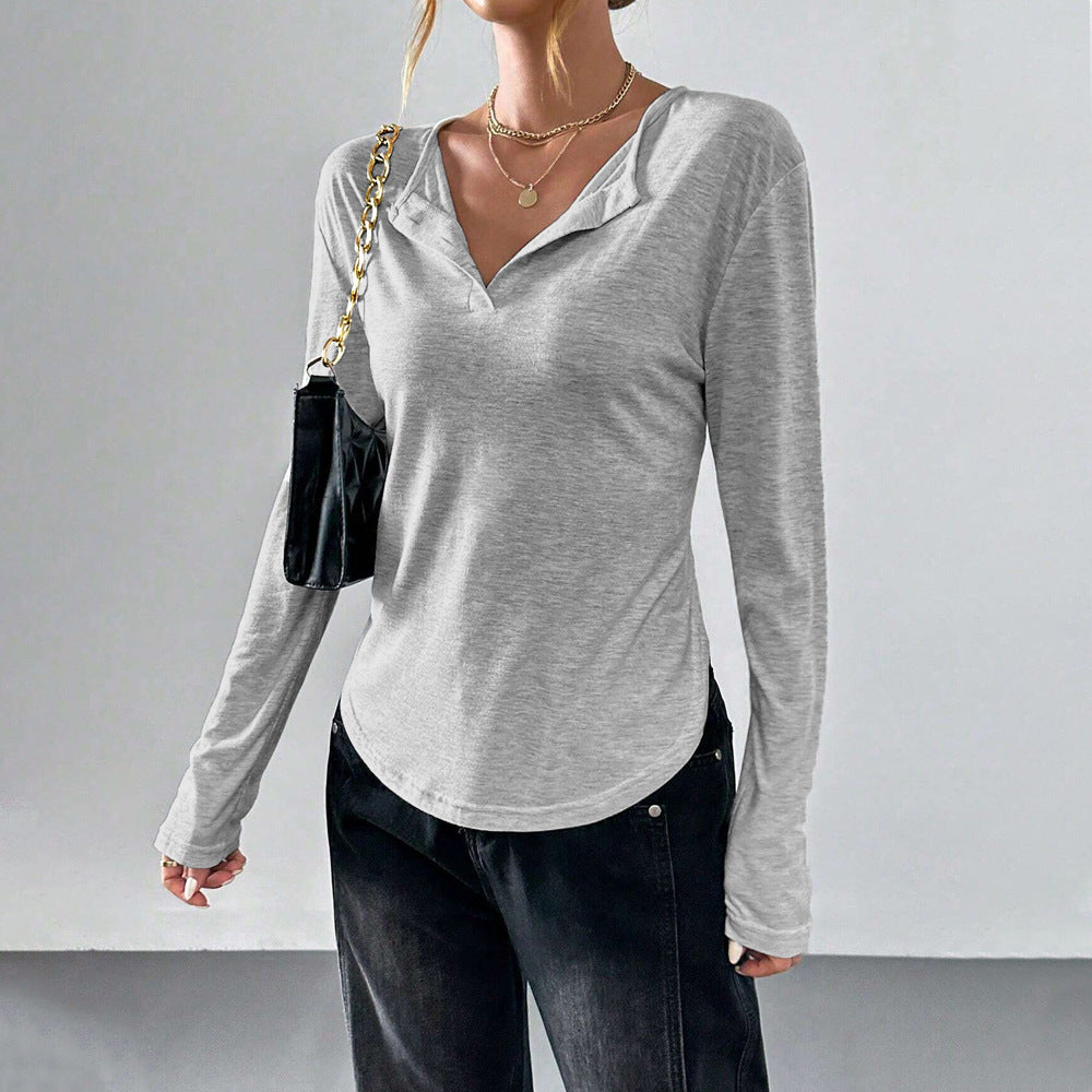 Damen Longsleeve T-Shirt mit dezentem V-Ausschnitt und lässigem Schnitt Drune