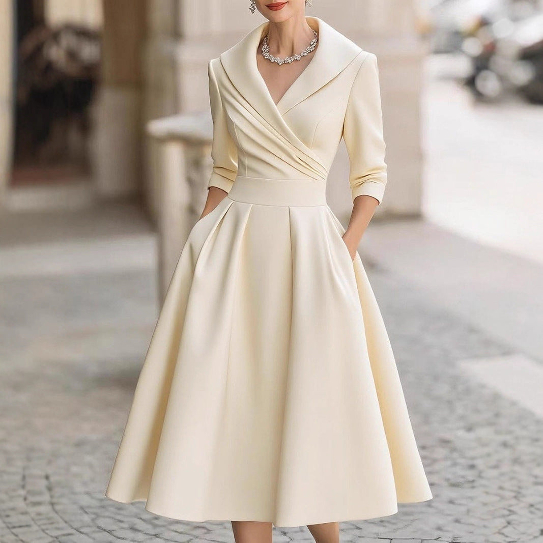 Damen elegantes Wickelkleid mit Schößchen und praktischen Taschen Drune