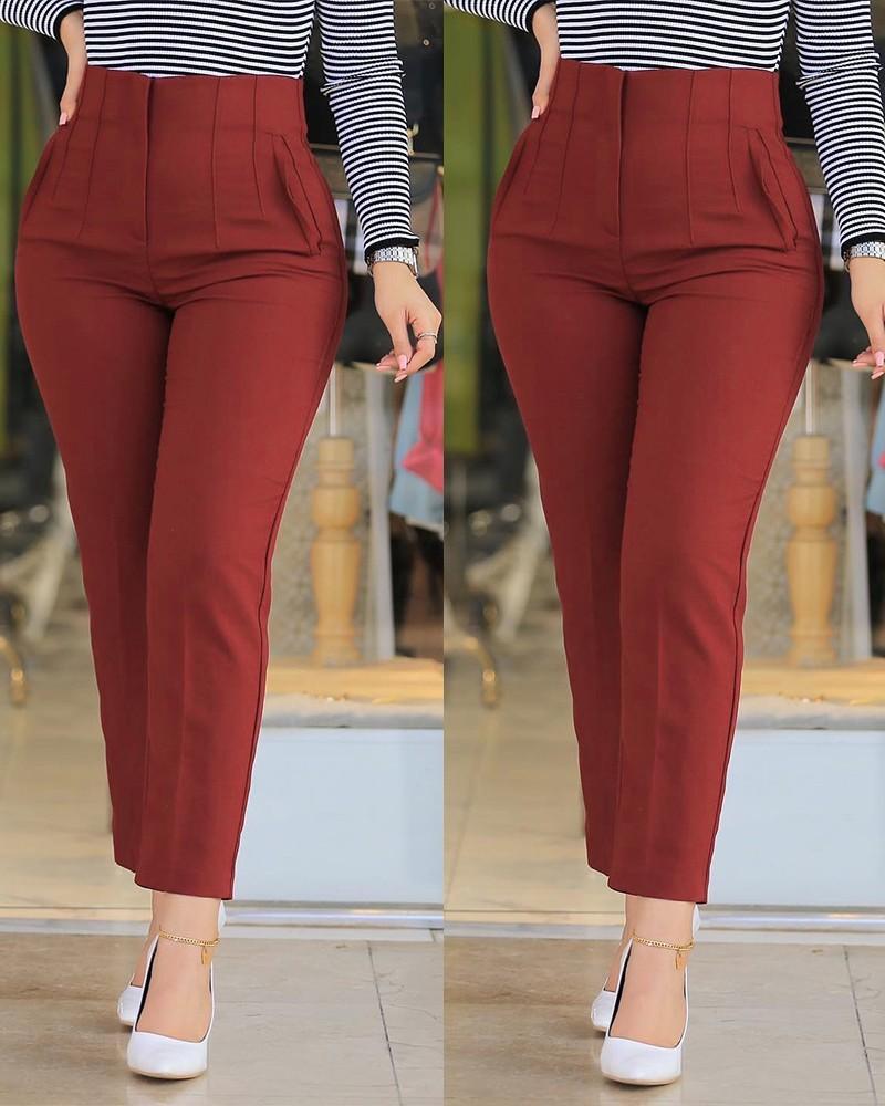 Damen Hochtaillierte Slim-Fit Hose mit eingearbeiteten Falten Drune