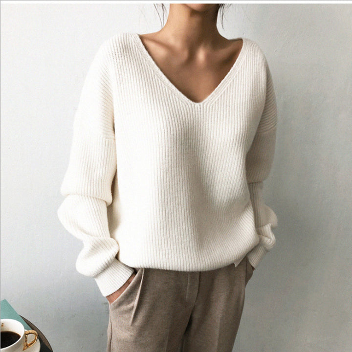 Damen lässiger Strickpullover mit V-Ausschnitt und weit geschnittenen Ärmeln Drune