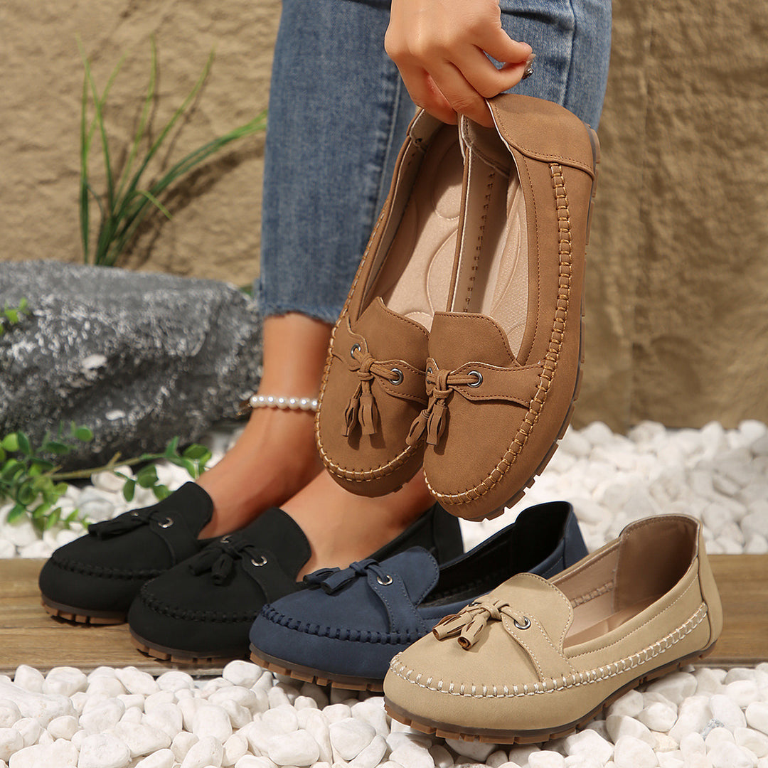 Damen  klassische Mokassin-Slipper mit Quasten, handgenähter Rahmennaht und rutschfester Gummisohle Drune