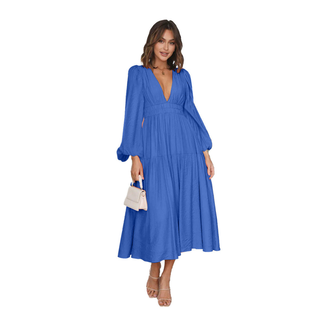 Damen Langarm Maxikleid mit tiefem V-Ausschnitt und weitem Rock Drune