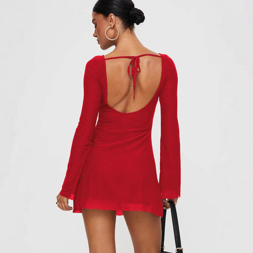 Damen figurbetontes Minikleid mit langem Ärmel und elegantem Rundhals Drune