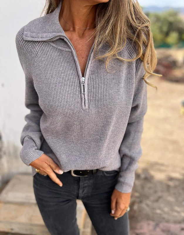 Damen modischer Strickpullover mit halben Reißverschluss und Rippstruktur Drune