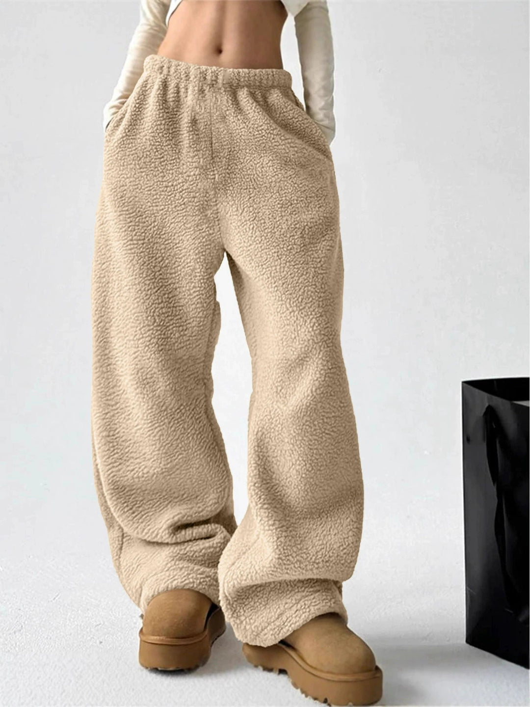 Damen bequeme Fleece-Hose mit weitem Schnitt und elastischem Bund Drune