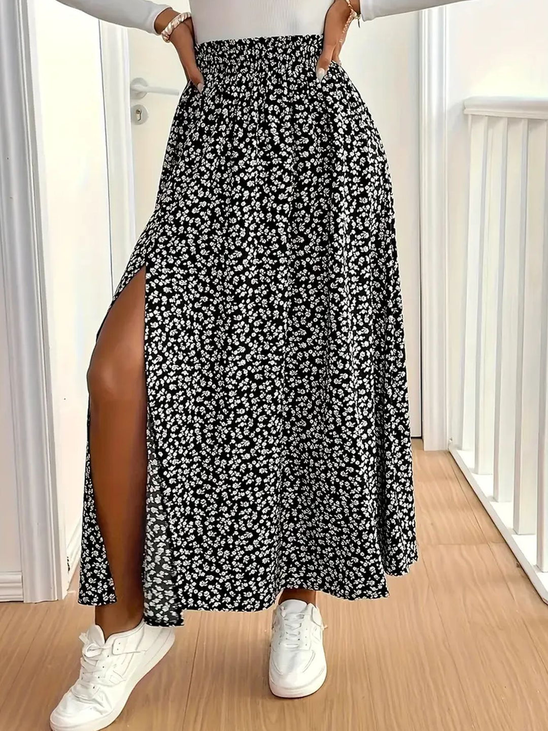 Damen Maxirock mit floralem Muster und seitlichem Schlitz Drune