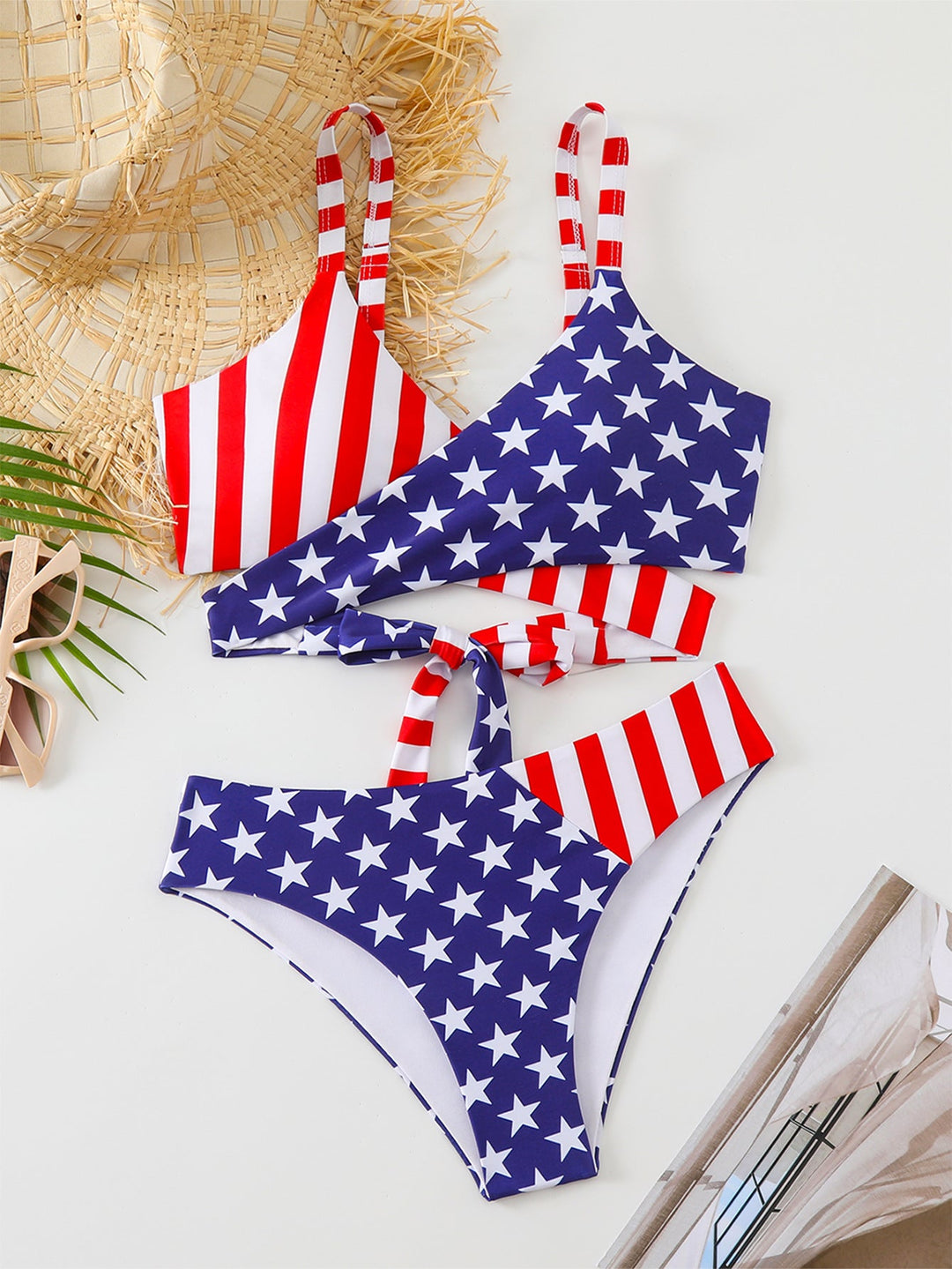 Damen Triangel-Bikini-Set mit asymmetrischem Schnitt und buntem Sternen-Design Drune