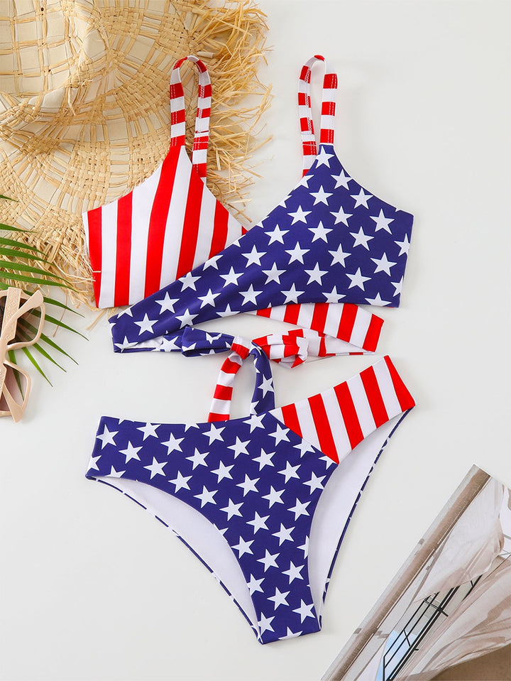 Damen Triangel-Bikini-Set mit asymmetrischem Schnitt und buntem Sternen-Design Drune