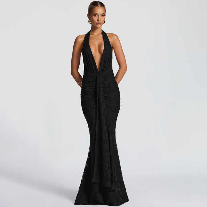 Damen Elegantes Maxikleid mit tiefem V-Ausschnitt und strukturierter Raffung Drune